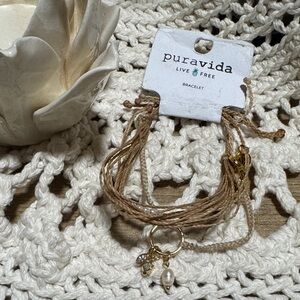 Pura Vida Beige Multi-Strand Bracelet with Gold Charms and Pearl